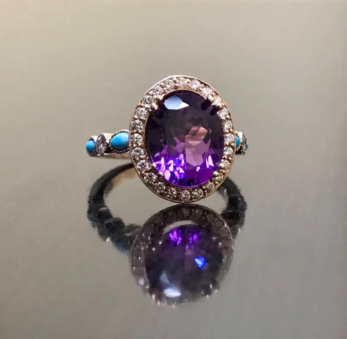 18K Rose Gold Marquise Turquoise Diamond Halo Amethyst Engagement Ring In New Condition For Sale In Los Angeles, CA