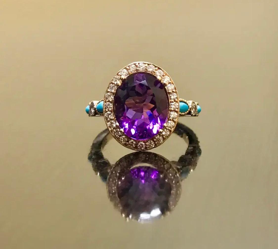 Women's 18K Rose Gold Marquise Turquoise Diamond Halo Amethyst Engagement Ring For Sale