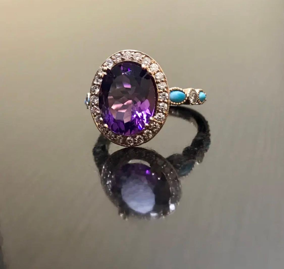 18K Rose Gold Marquise Turquoise Diamond Halo Amethyst Engagement Ring For Sale 1