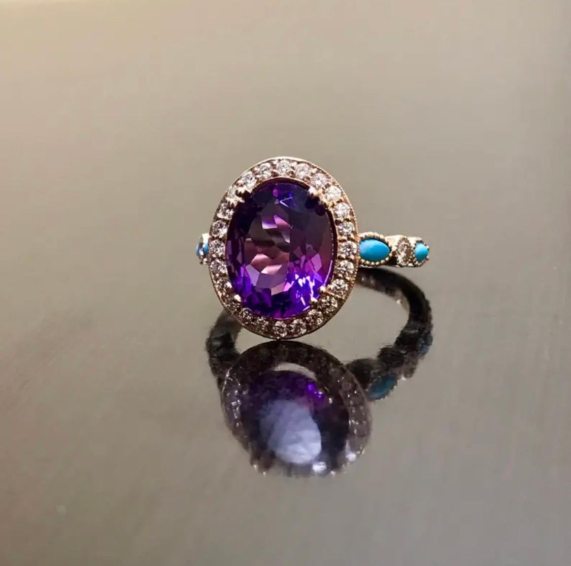 18K Rose Gold Marquise Turquoise Diamond Halo Amethyst Engagement Ring For Sale 2