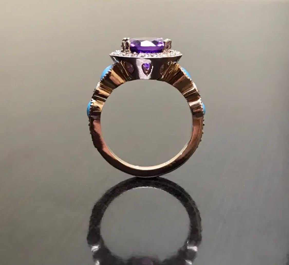 18K Rose Gold Marquise Turquoise Diamond Halo Amethyst Engagement Ring For Sale 3