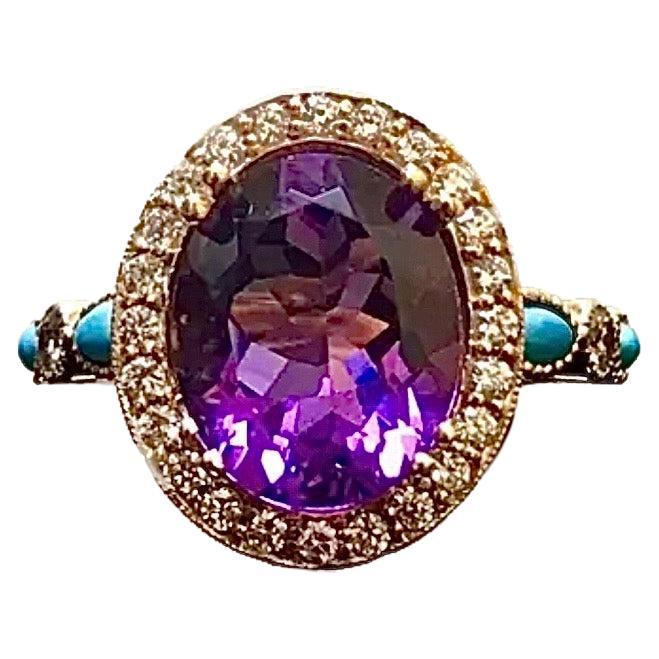 Bague de fiançailles en or rose 18 carats avec turquoise marquise, diamant et halo d'améthyste