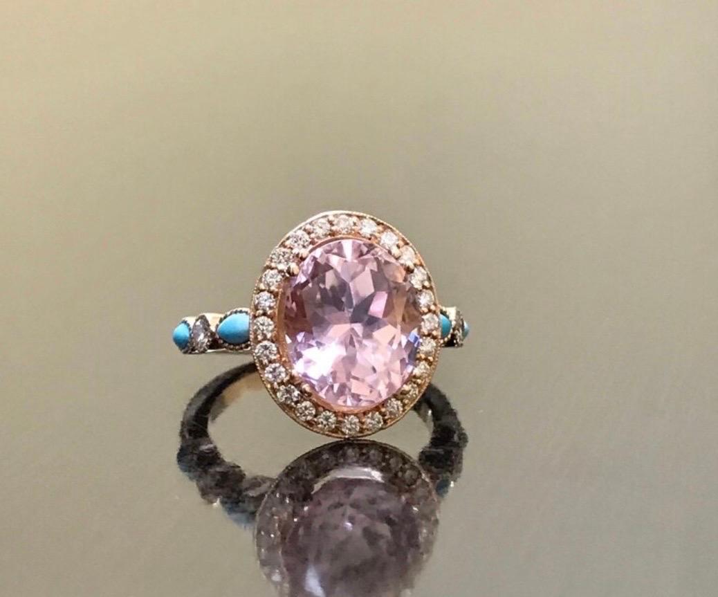 Art déco Bague de fiançailles en or rose 18 carats avec turquoise marquise, halo de diamants et morganite en vente