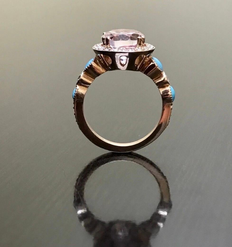 Oval Cut 18K Rose Gold Marquise Turquoise Halo Morganite Diamond Engagement Ring For Sale