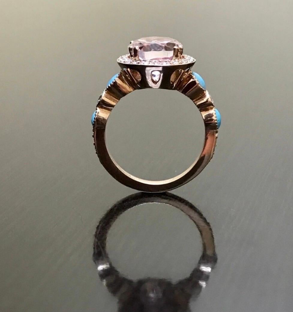 Taille ovale Bague de fiançailles en or rose 18 carats avec turquoise marquise, halo de diamants et morganite en vente