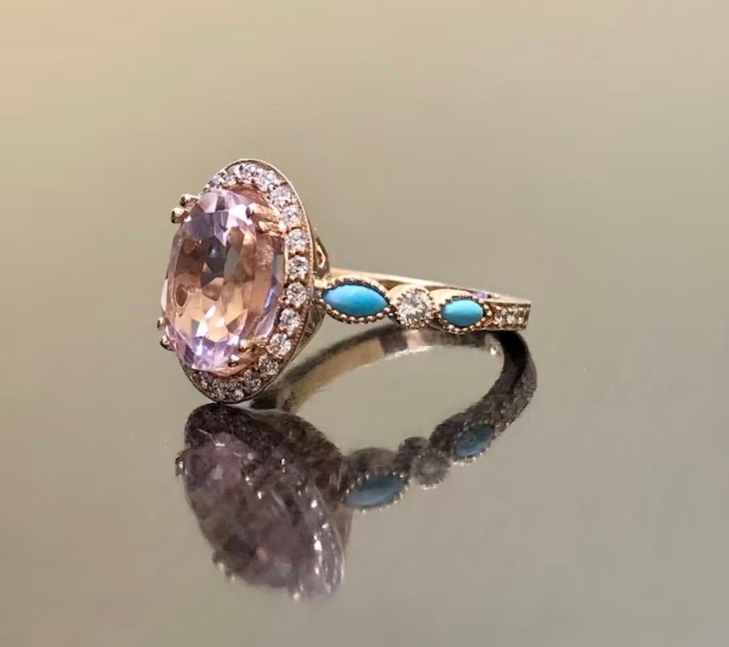 18K Rose Gold Marquise Turquoise Halo Morganite Diamond Engagement Ring In New Condition For Sale In Los Angeles, CA
