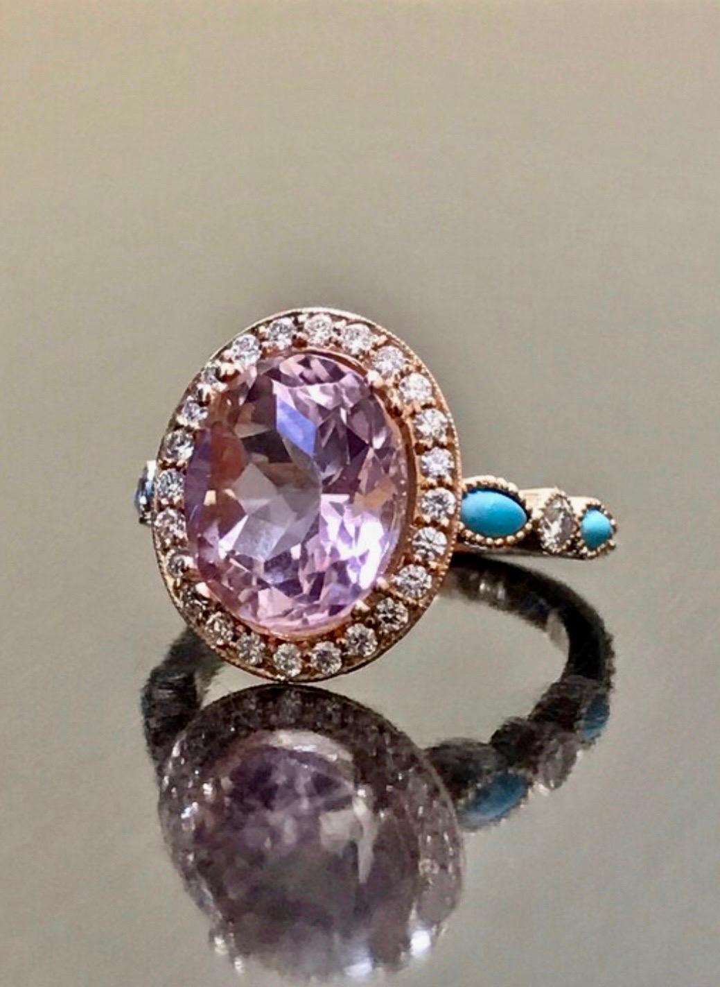 Bague de fiançailles en or rose 18 carats avec turquoise marquise, halo de diamants et morganite en vente 1