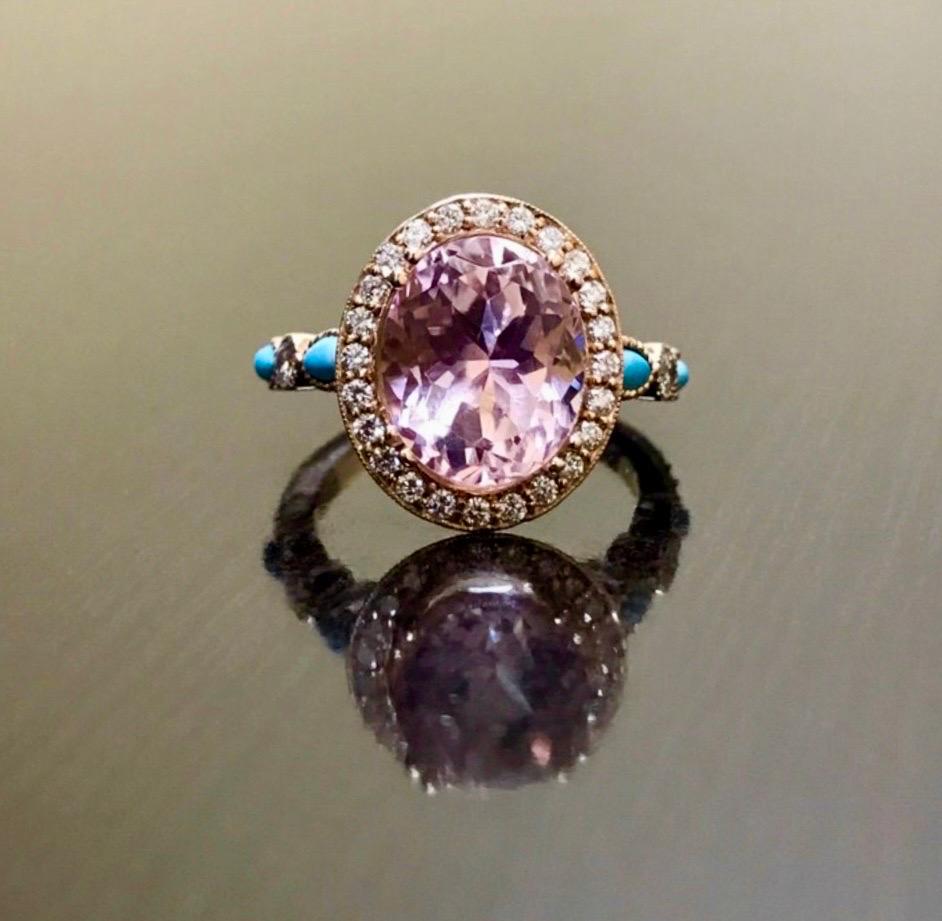 Bague de fiançailles en or rose 18 carats avec turquoise marquise, halo de diamants et morganite en vente 2