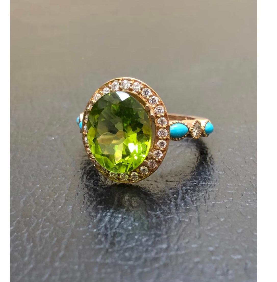 18K Rose Gold Marquise Turquoise Halo Peridot Diamond Engagement Ring For Sale 1