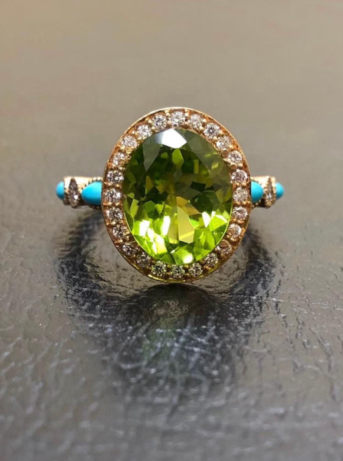 18K Rose Gold Marquise Turquoise Halo Peridot Diamond Engagement Ring For Sale 2