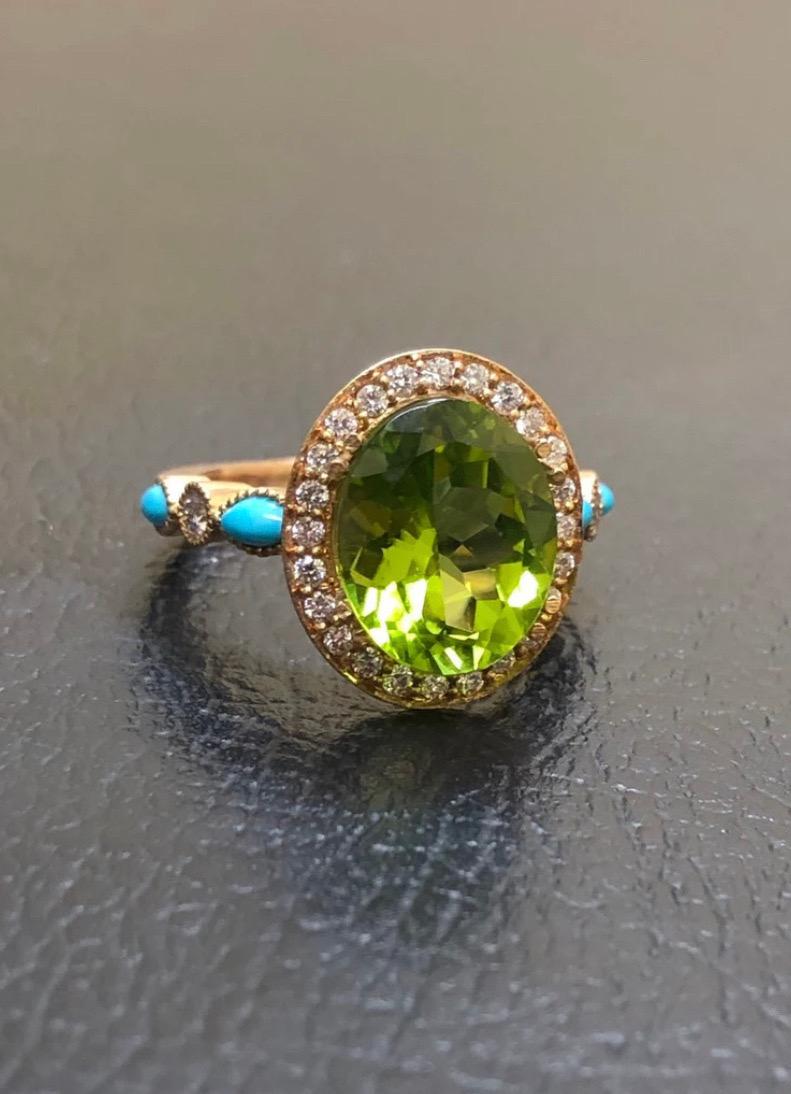 Art Deco 18K Rose Gold Marquise Turquoise Halo Peridot Diamond Engagement Ring For Sale