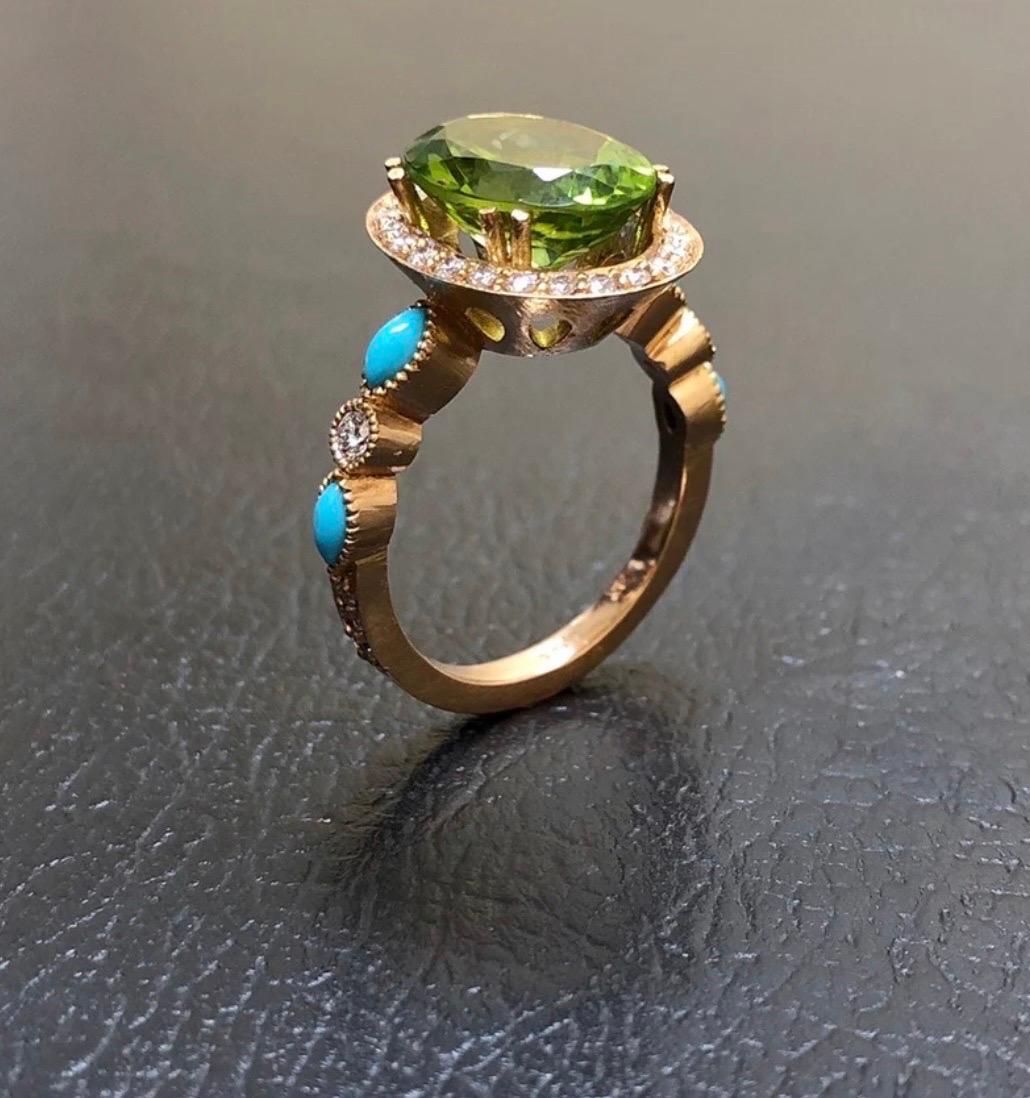 Oval Cut 18K Rose Gold Marquise Turquoise Halo Peridot Diamond Engagement Ring For Sale