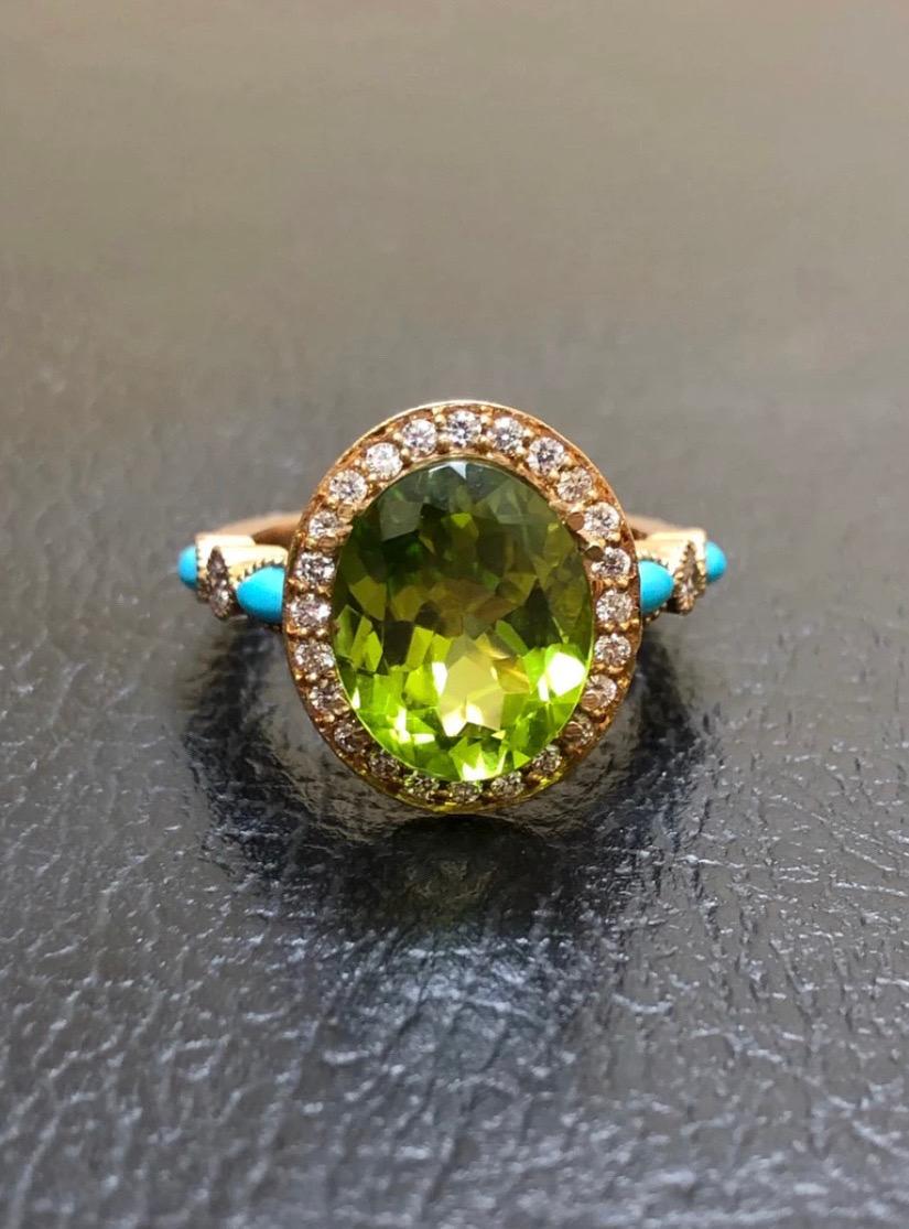 18K Rose Gold Marquise Turquoise Halo Peridot Diamond Engagement Ring In New Condition For Sale In Los Angeles, CA