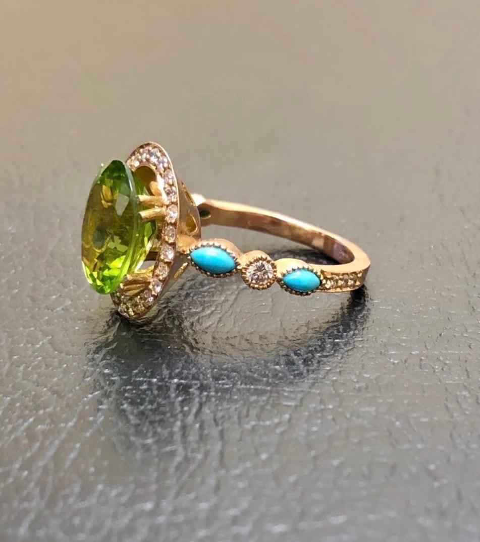 Women's or Men's 18K Rose Gold Marquise Turquoise Halo Peridot Diamond Engagement Ring For Sale