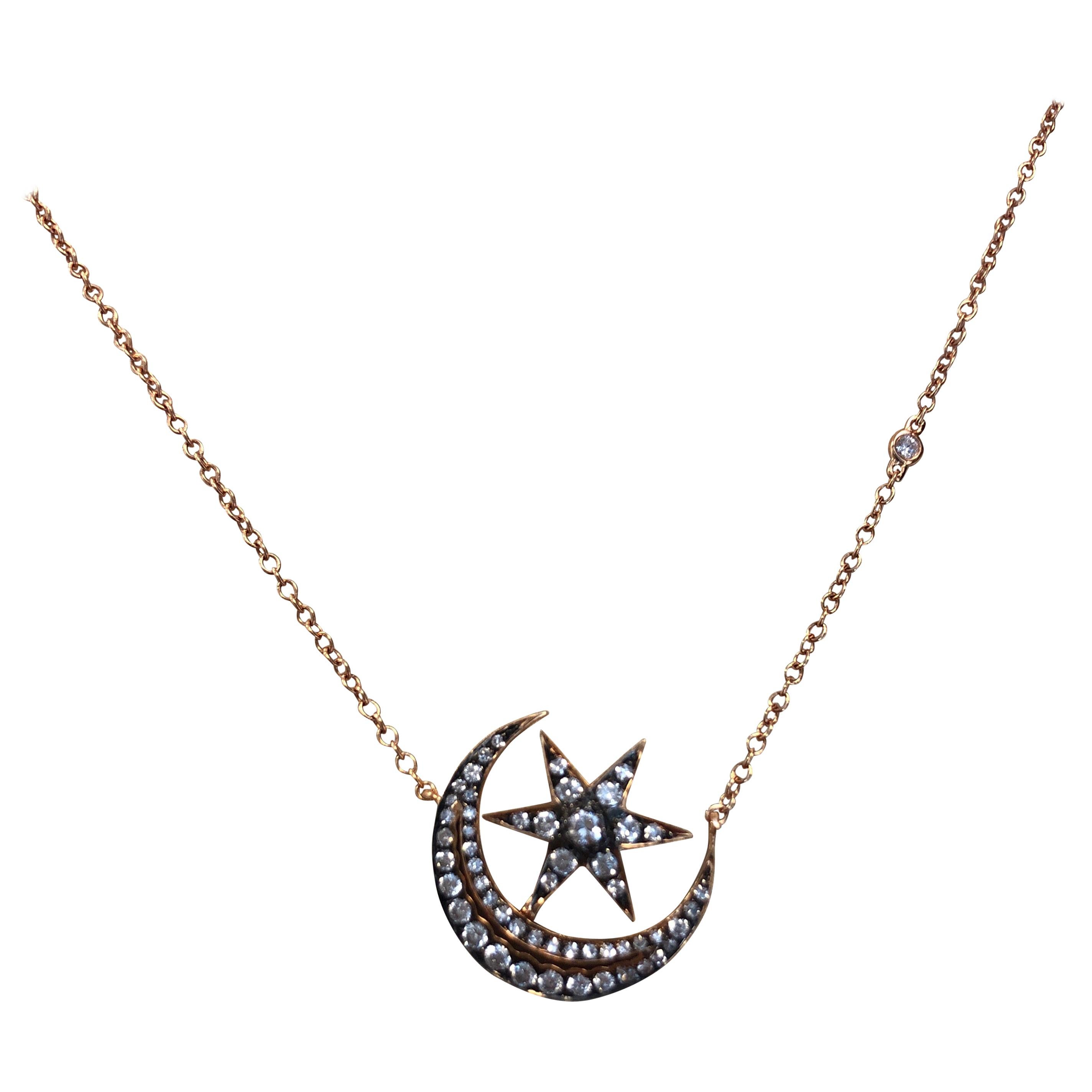 18 Karat Rose Gold Moon and Star Design Diamond Pendant by SHAY For Sale