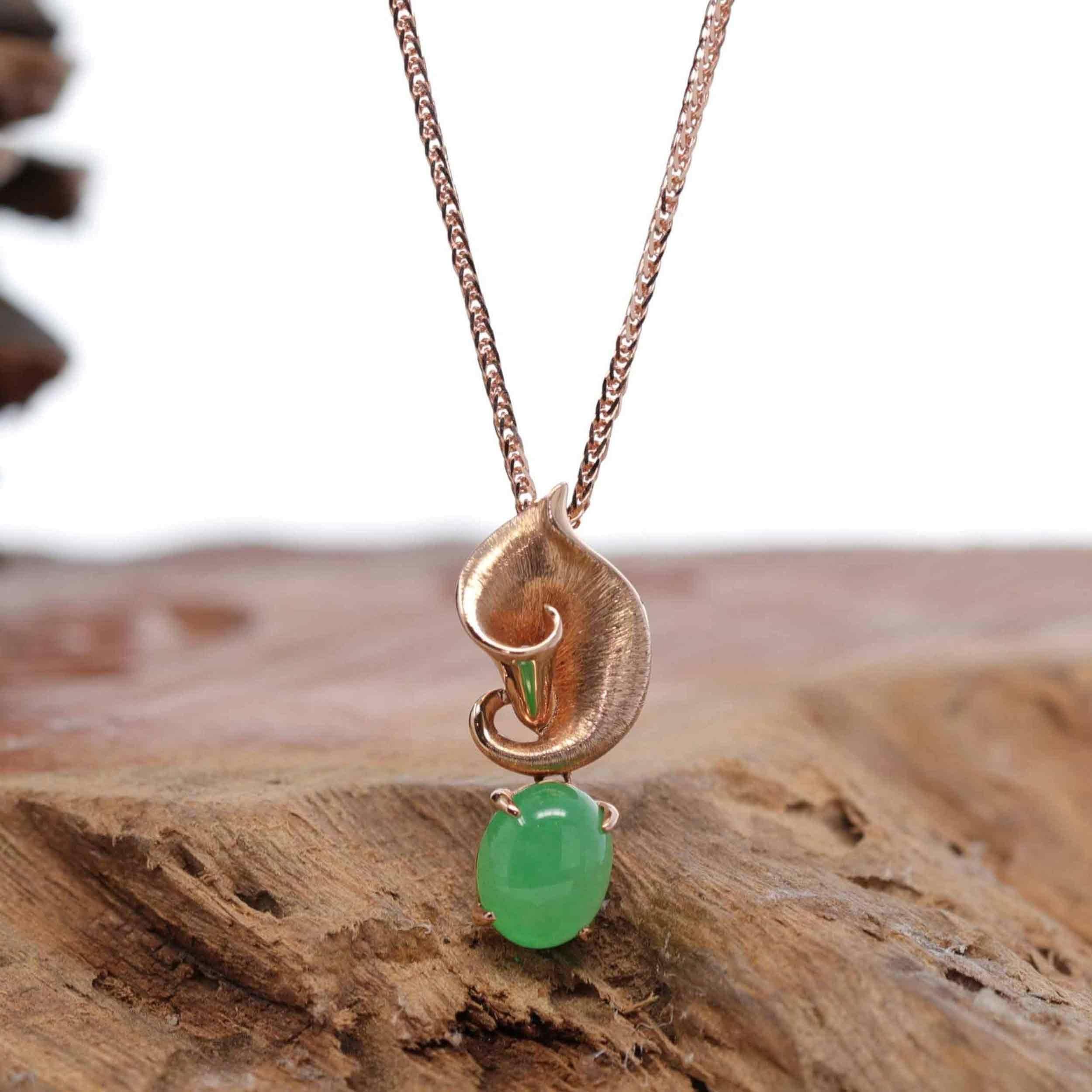 * DESIGN CONCEPT--- This necklace is made with oval genuine imperial green Burmese jadeite. The design was inspired by the morning glory flower. A modern spin on mother nature's motif. Representing wholeness, completeness, and contentment. 
  

*