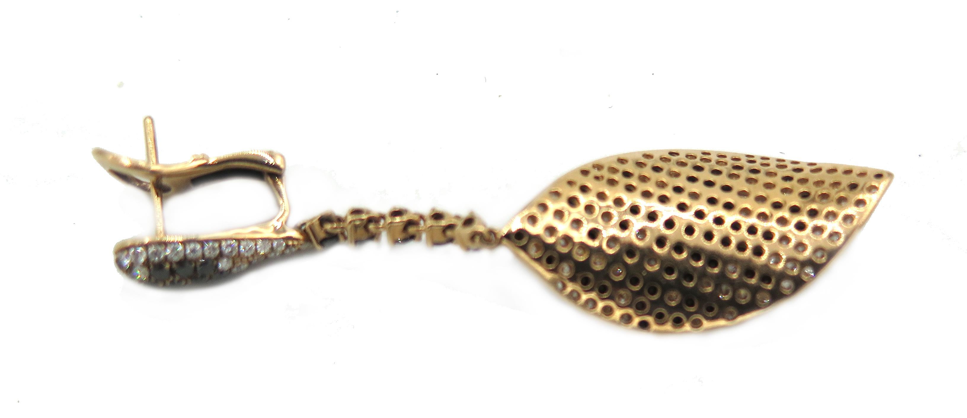 Round Cut 18 Karat Rose Gold Multi-Color Diamond Lever Back Dangle Earrings For Sale