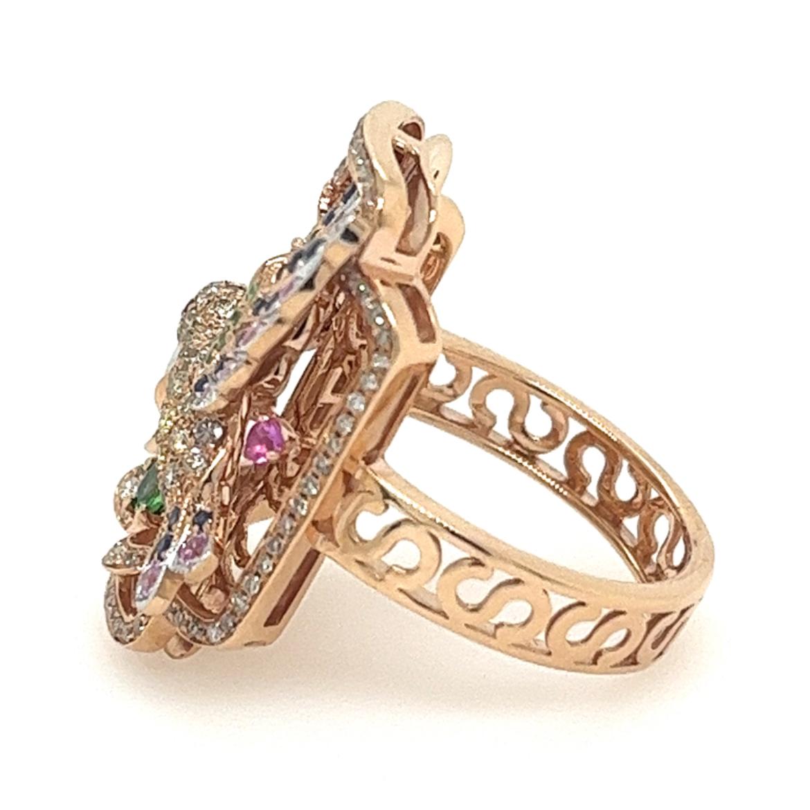 Modern 18K Rose Gold Multi-Color Sapphire Bird & Garden Ring with Diamonds For Sale