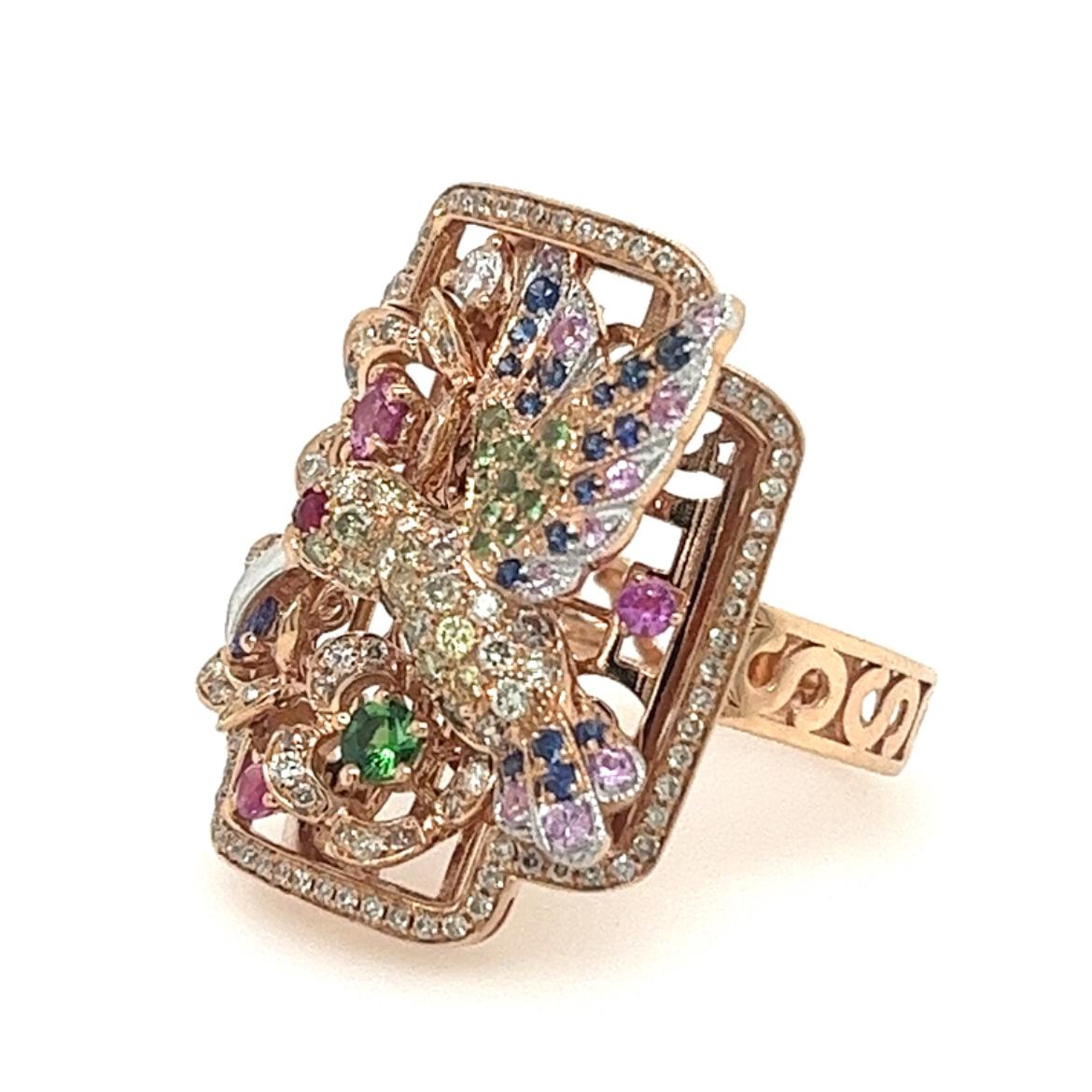 Rose Cut 18K Rose Gold Multi-Color Sapphire Bird & Garden Ring with Diamonds For Sale