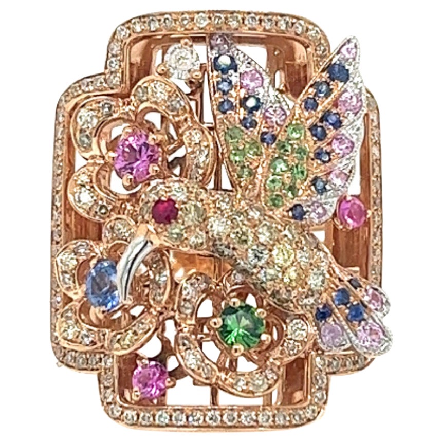 18K Rose Gold Multi-Color Sapphire Bird & Garden Ring with Diamonds For Sale
