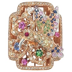 Bague oiseau et jardin en or rose 18 carats avec saphirs multicolores et diamants