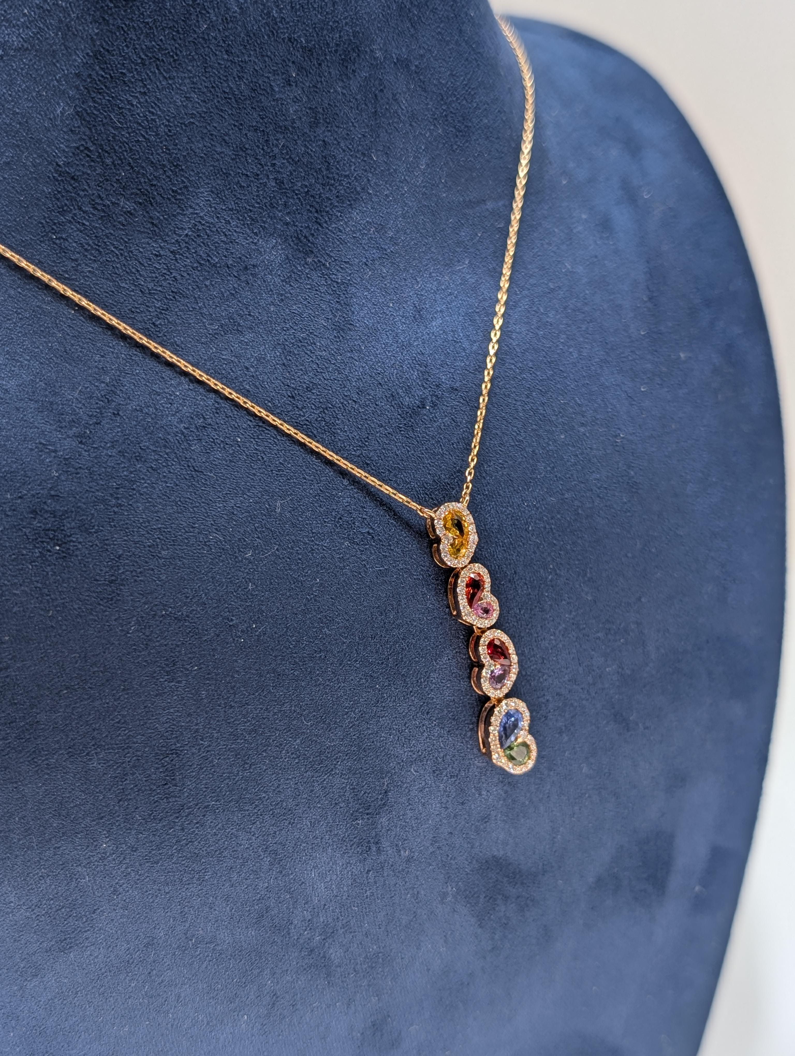 Taglio a goccia Ciondolo a goccia in oro rosa 18K con zaffiro multicolore e diamanti in vendita