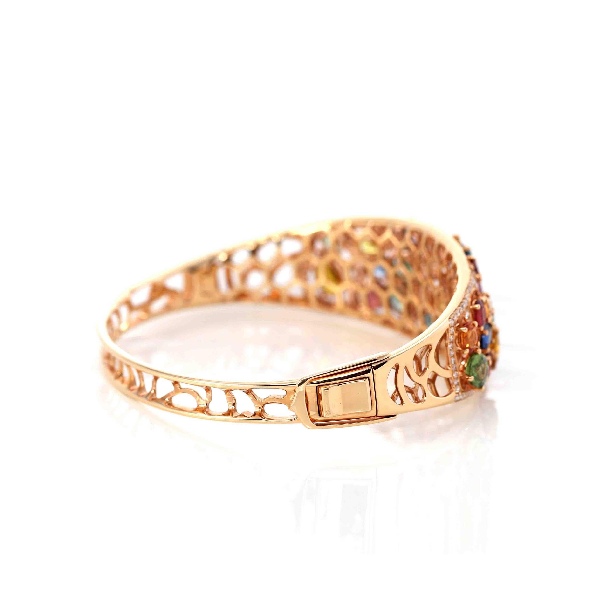 Taille ovale Bracelet jonc en or rose 18 carats avec saphirs multicolores et diamants de 1 carat en vente