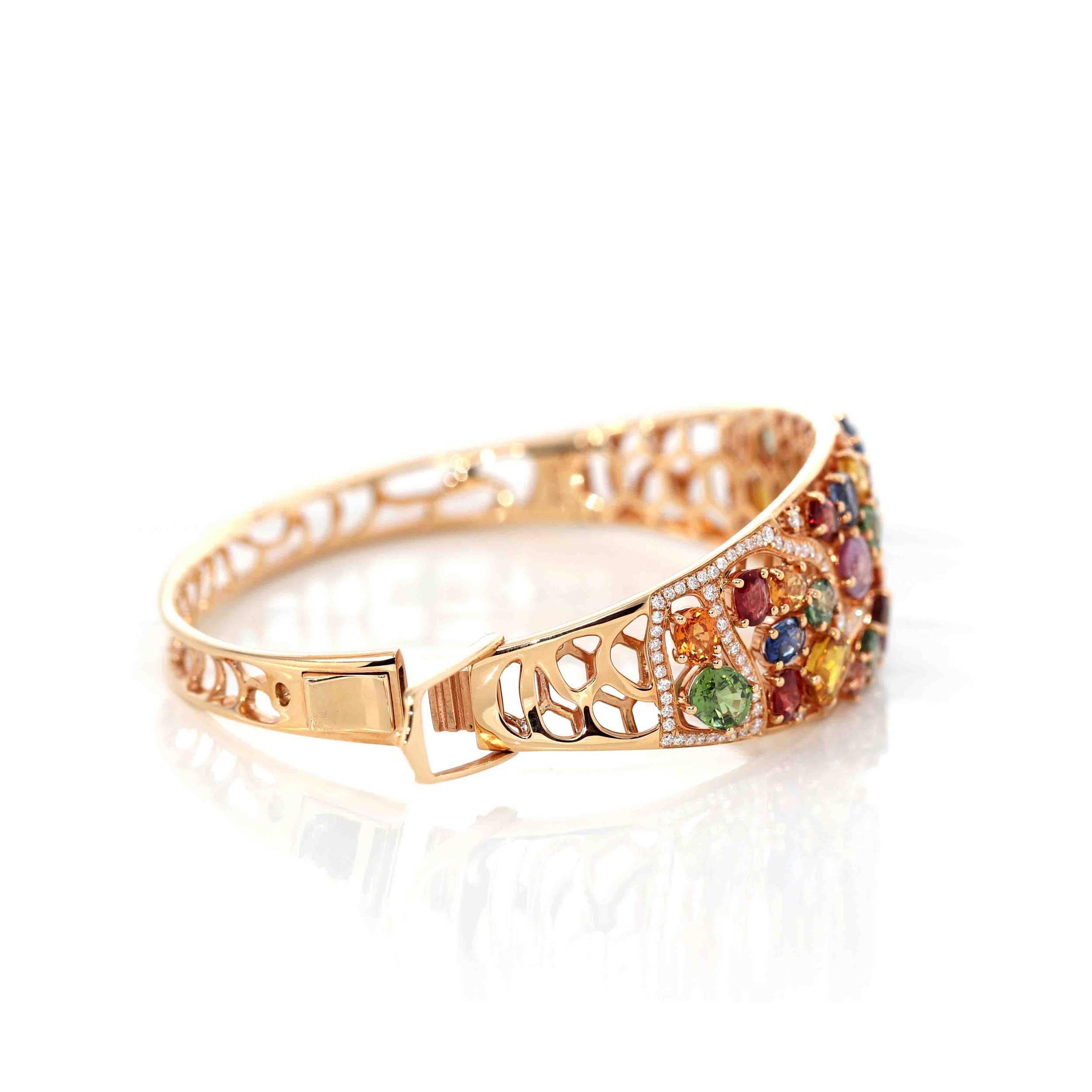 Bracelet jonc en or rose 18 carats avec saphirs multicolores et diamants de 1 carat Neuf - En vente à Portland, OR