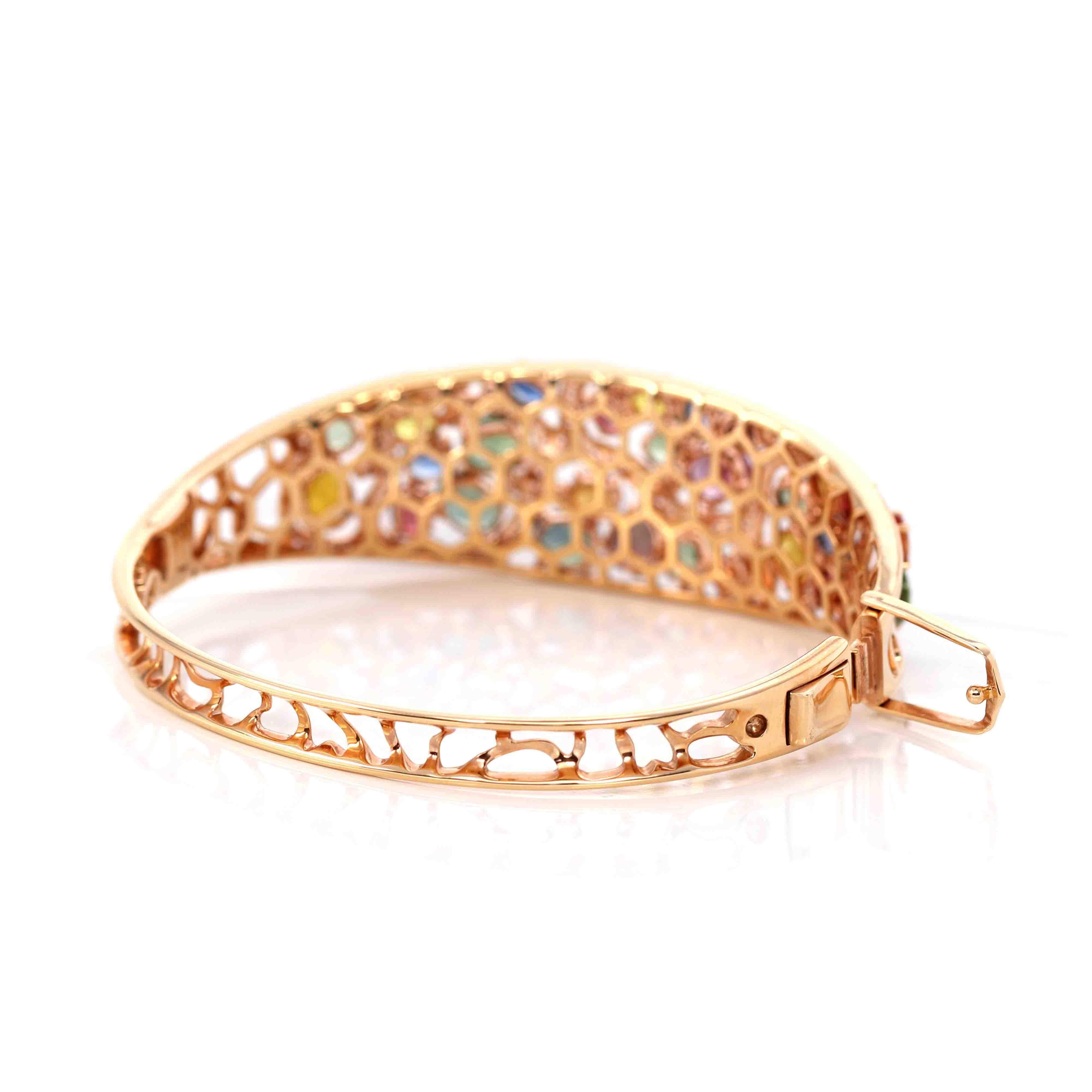 Artist 18K Rose Gold Multi-Colors Sapphire Bangle Bracelet with 1ct Diamonds For Sale