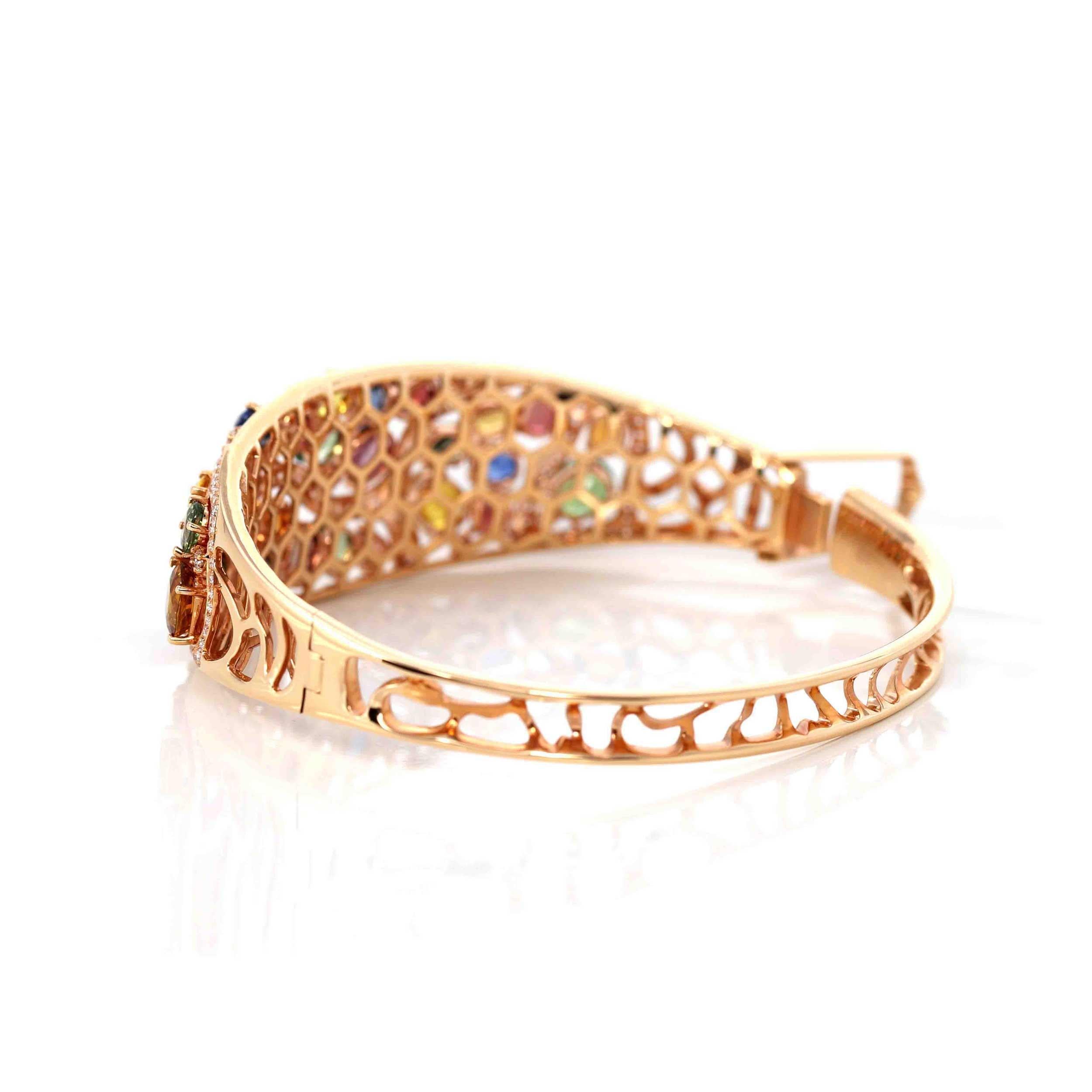 Oval Cut 18K Rose Gold Multi-Colors Sapphire Bangle Bracelet with 1ct Diamonds For Sale
