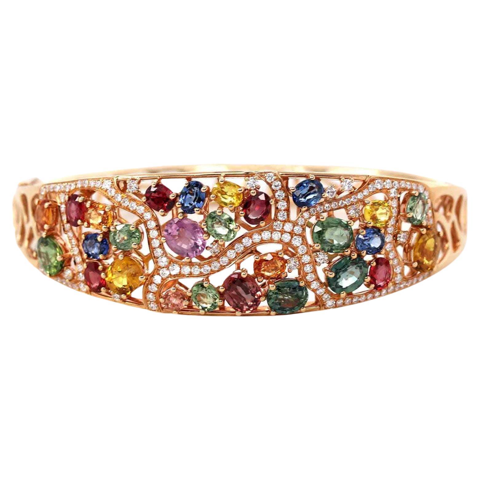 18K Rose Gold Multi-Colors Sapphire Bangle Bracelet with 1ct Diamonds For Sale