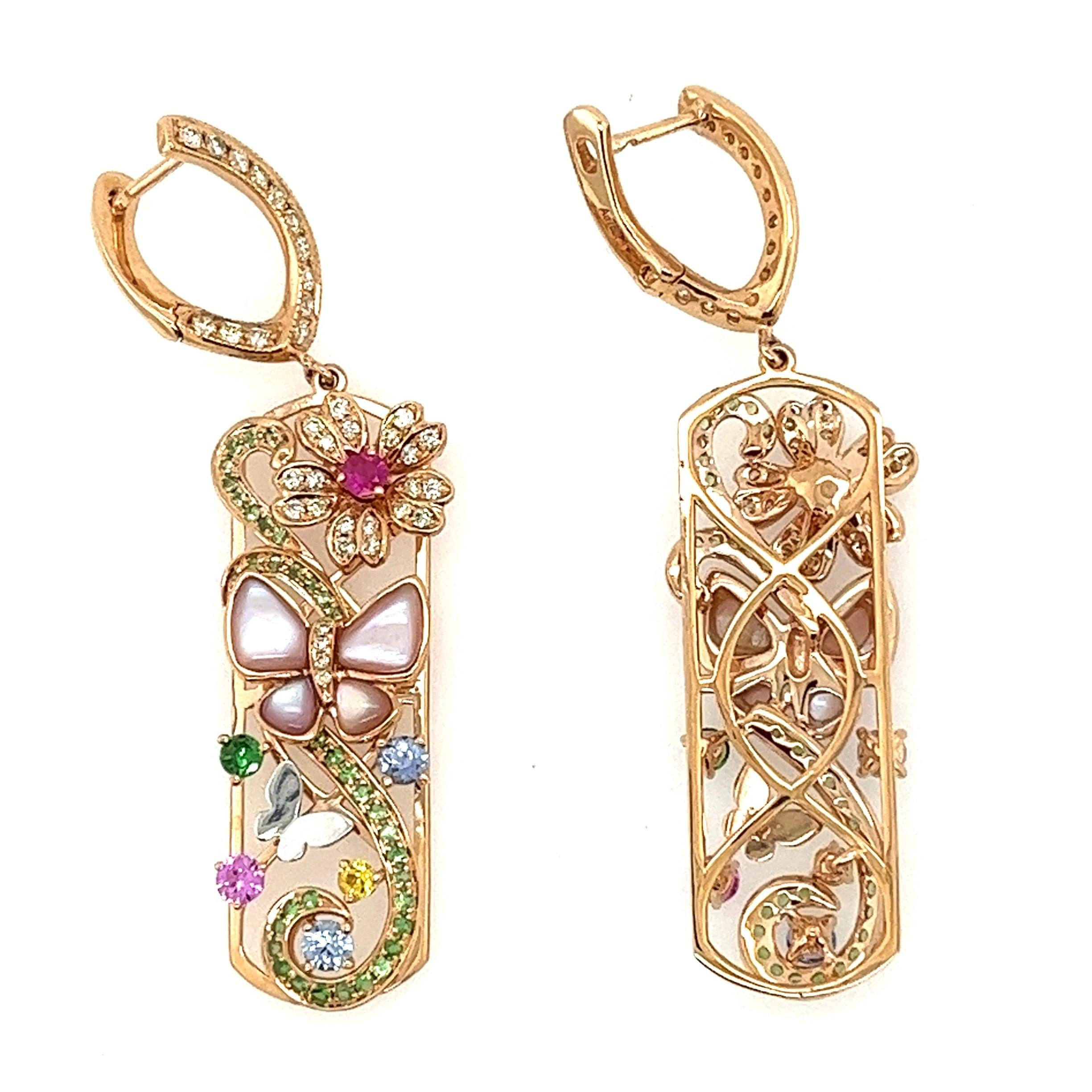 Moderne Boucles d'oreilles collection jardin en or rose 18 carats, saphirs multicolores et diamants en vente