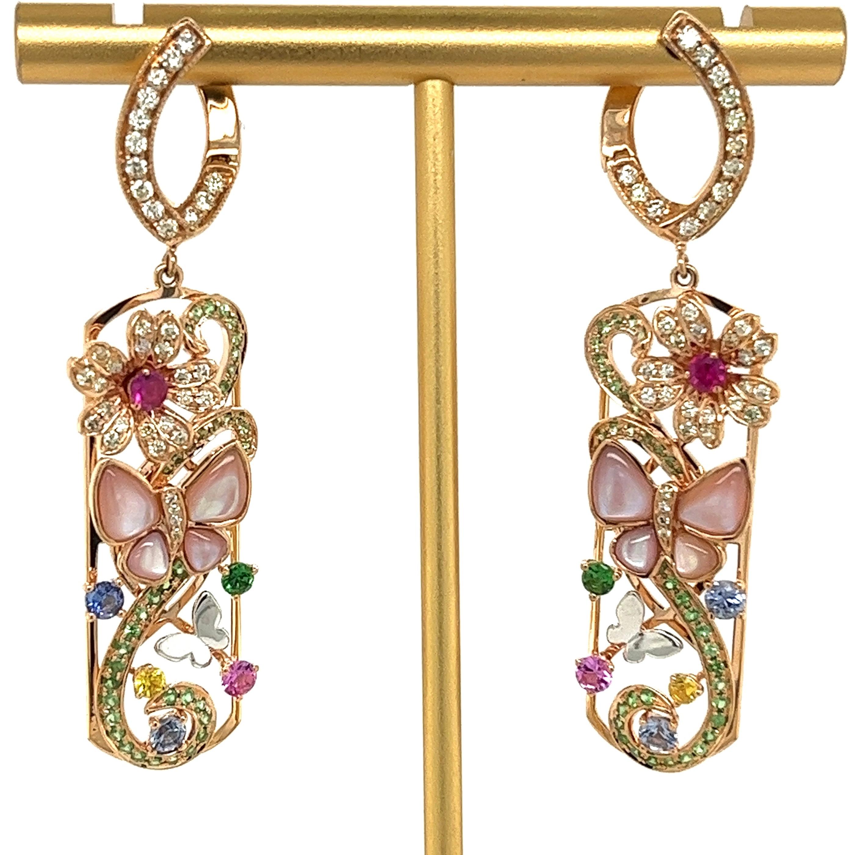 Taille ronde Boucles d'oreilles collection jardin en or rose 18 carats, saphirs multicolores et diamants en vente