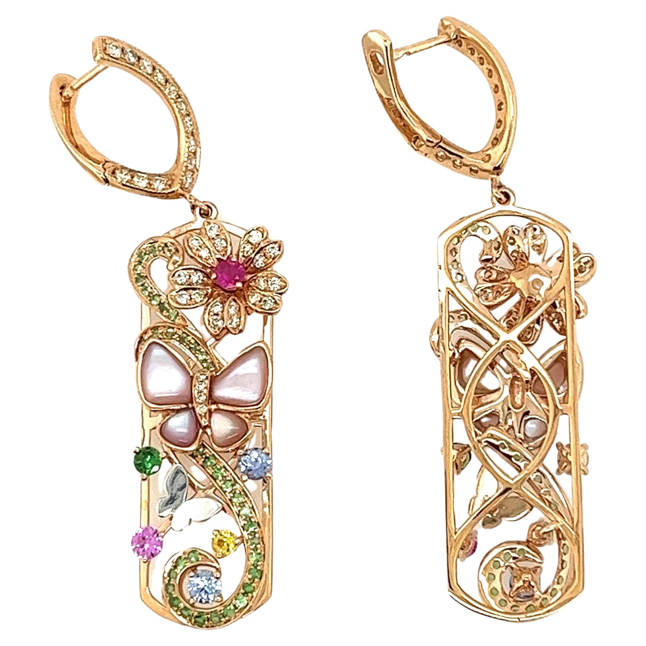 Boucles d'oreilles collection jardin en or rose 18 carats, saphirs multicolores et diamants en vente