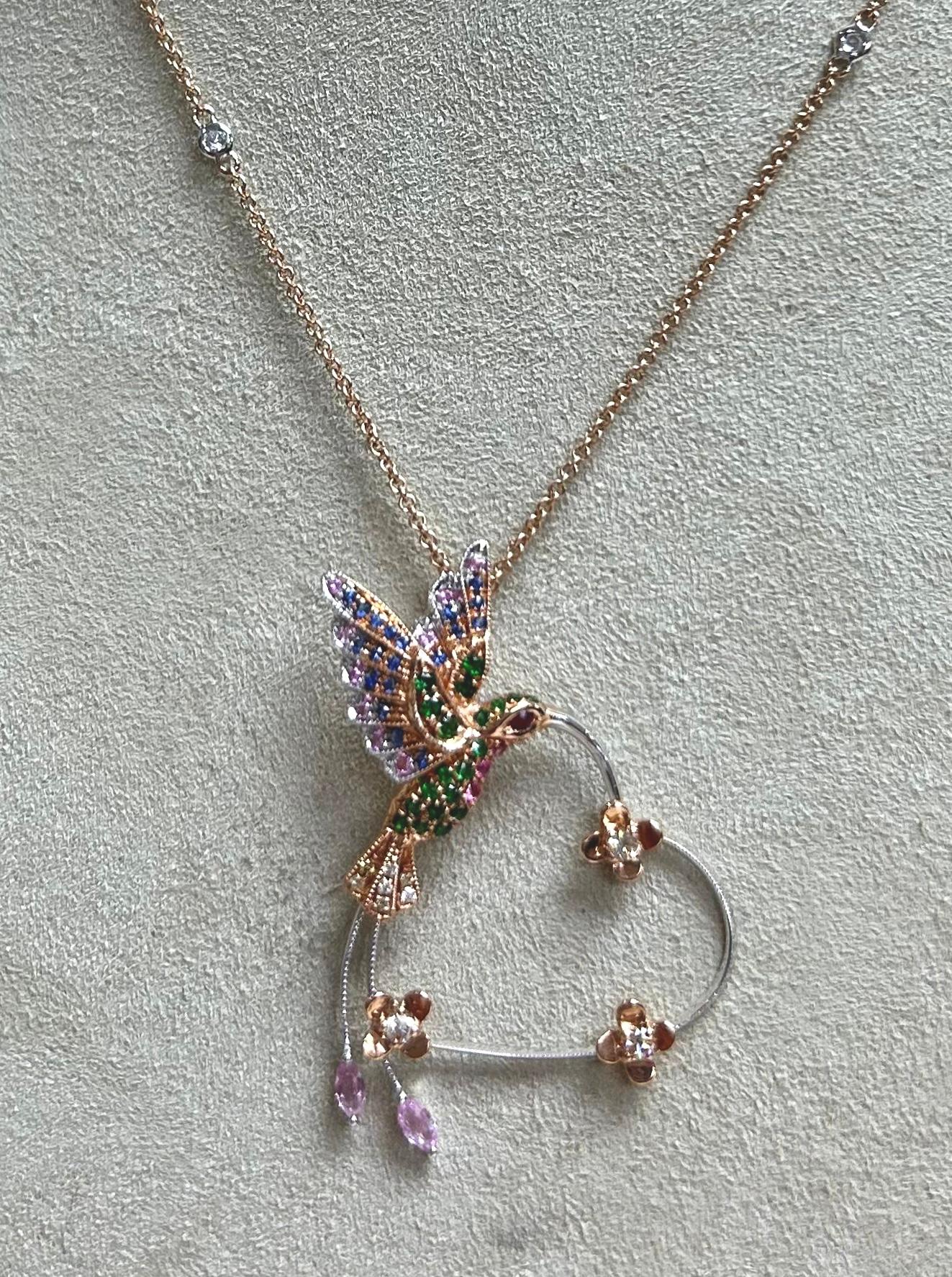 Moderno Collana in oro rosa 18K con zaffiro multicolore e cuore con diamanti in vendita