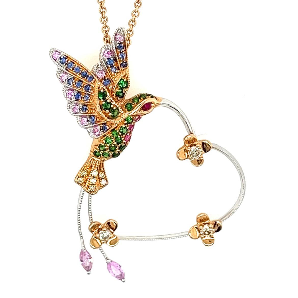 da uomo o donna Collana in oro rosa 18K con zaffiro multicolore e cuore con diamanti in vendita