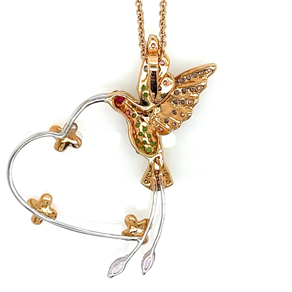 Collana in oro rosa 18K con zaffiro multicolore e cuore con diamanti in vendita 1