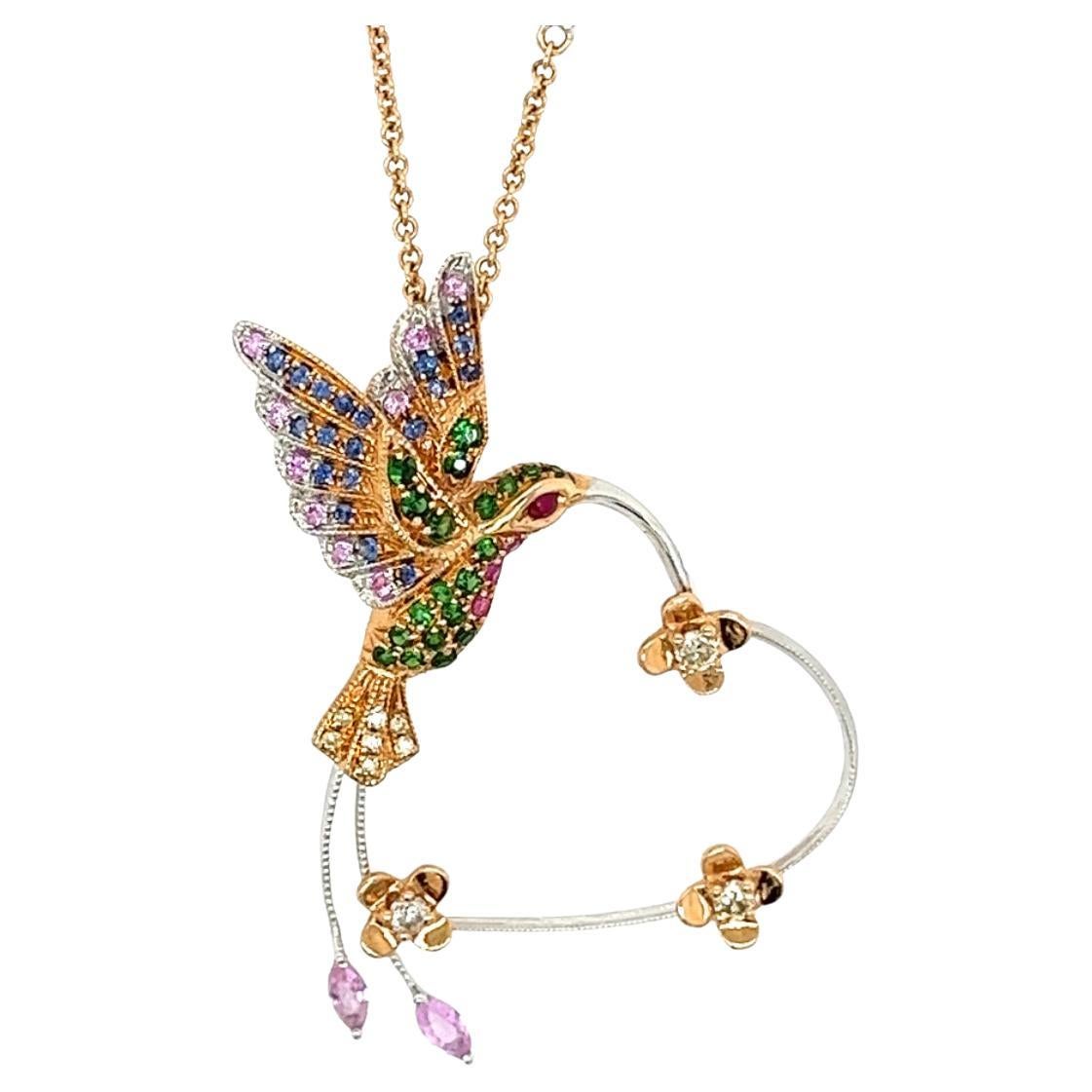 18K Rose Gold Multi-Colour Sapphire Humming Bird & Heart Necklace with Diamonds
