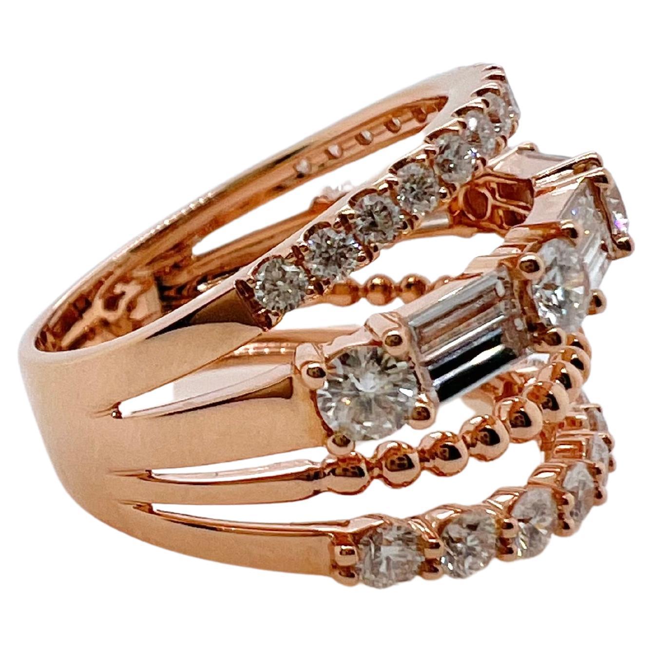 Brilliant Cut 18k Rose Gold Multi Diamond Row Band Ring For Sale