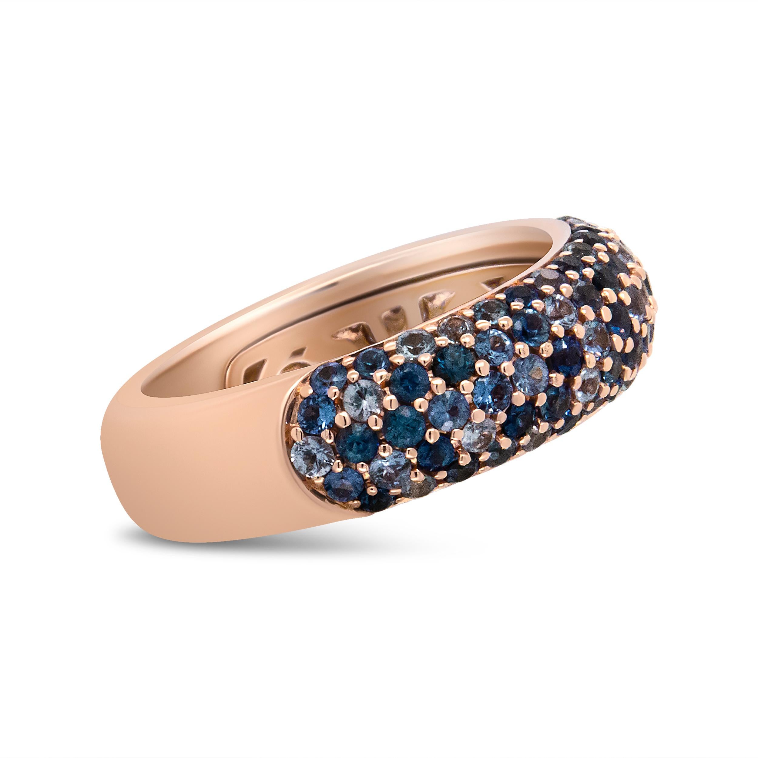 Contemporary 18K Rose Gold Multi Row Blue Sapphire Domed Top Band Ring For Sale