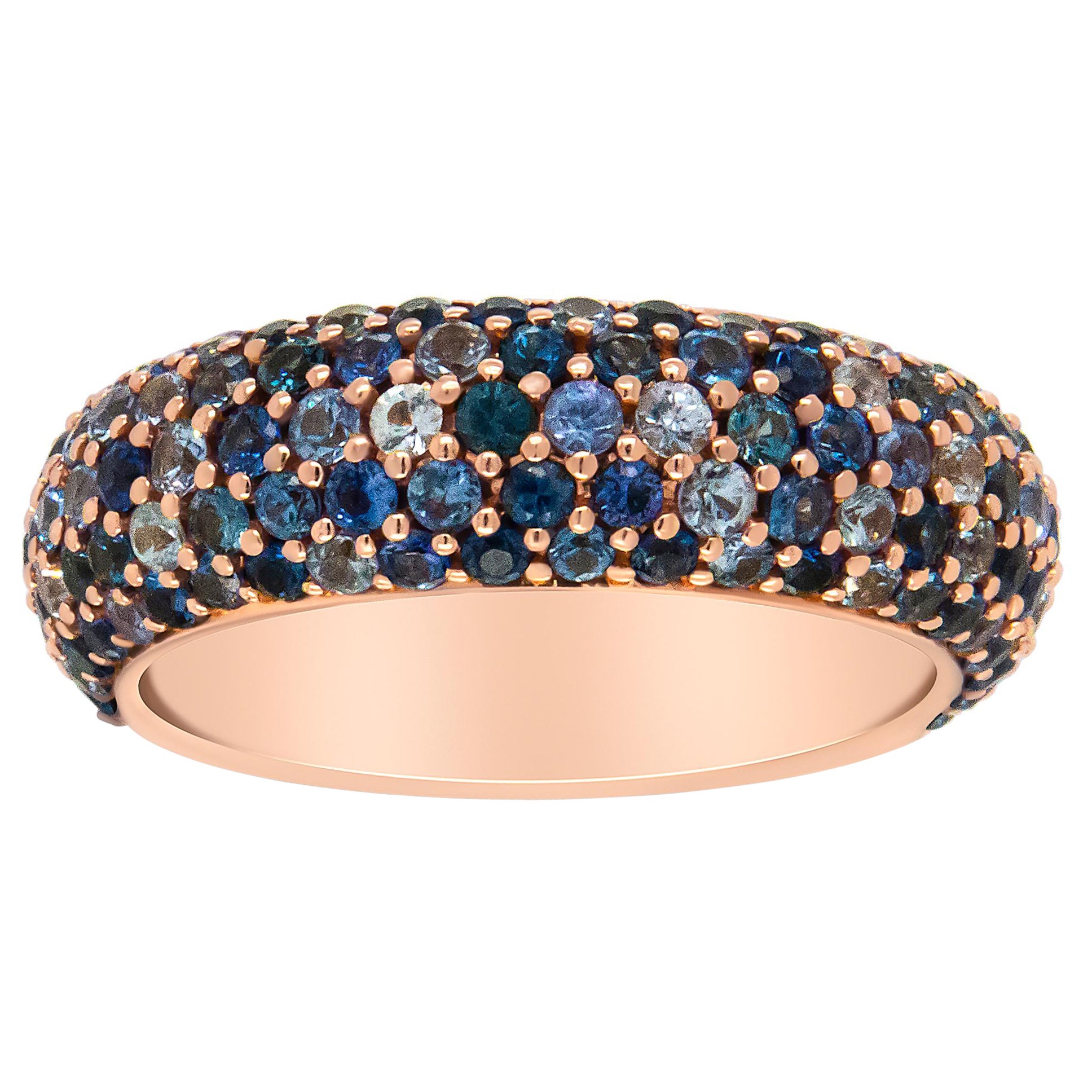 Bague jonc en or rose 18 carats à plusieurs rangées de saphirs bleus en forme de dôme