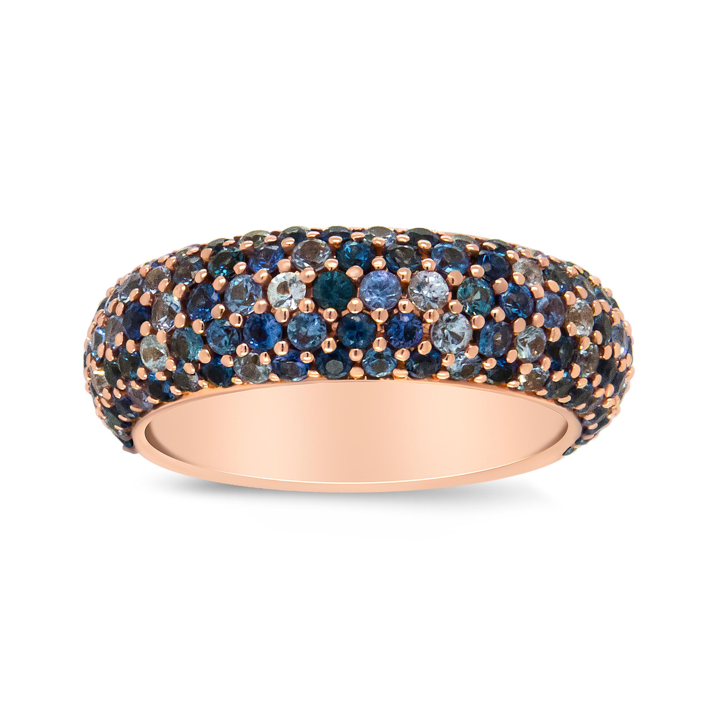 18K Rose Gold Multi Row Blue Sapphire Domed Top Band Ring For Sale