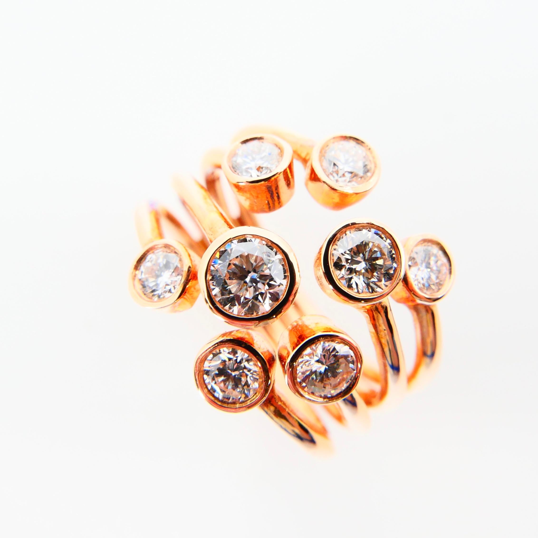 Contemporary 18k Rose Gold Multi-Stone Round Brilliant Diamond cocktail Ring. 1.08 CTW For Sale