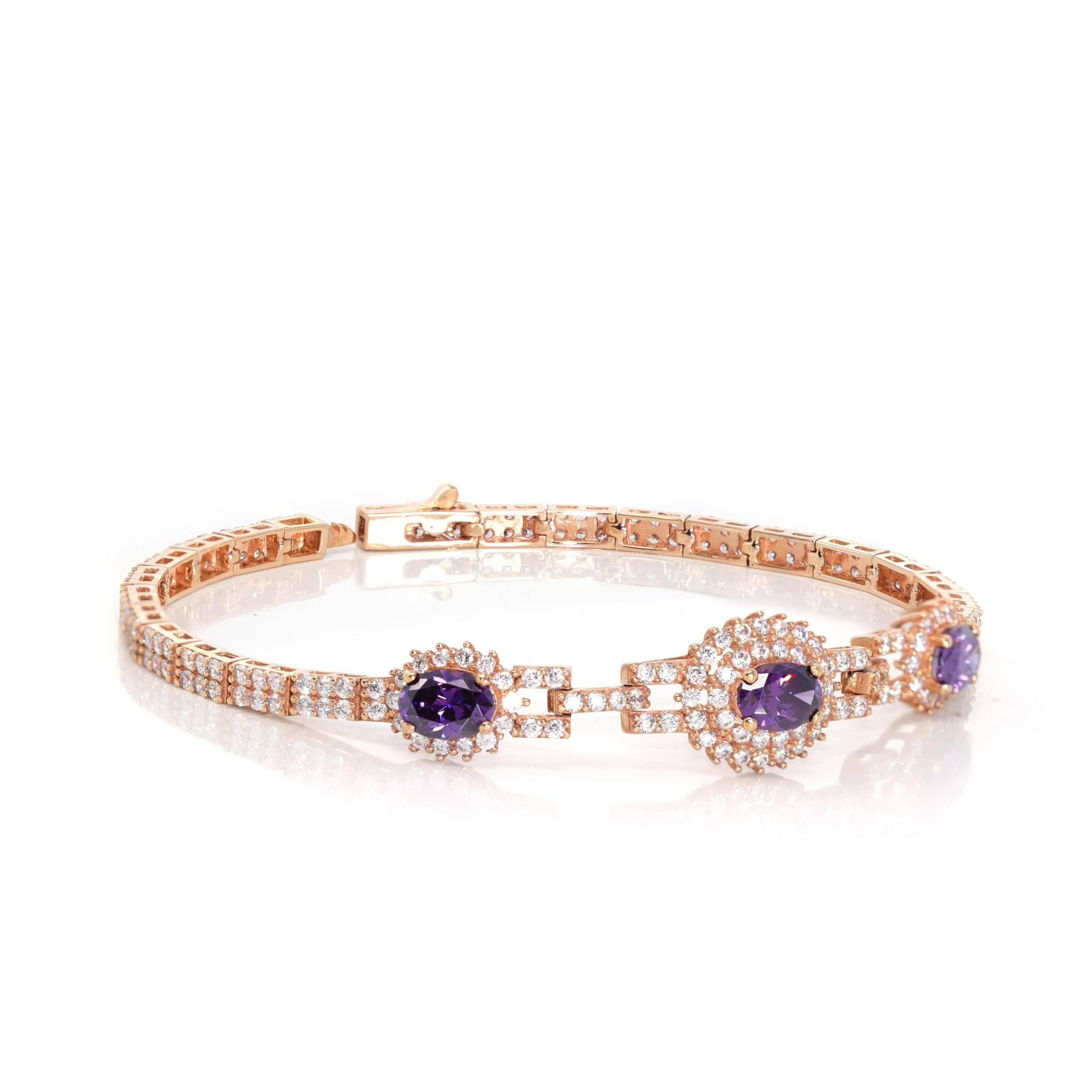 * DESIGN CONCEPT--- The design is inspired by the beauty of amethyst. Symbolizing life, prosperity, and good fortune. This 18k Rose Gold Genuine amethyst bracelet is a luxury you can wear daily. Made with three high-quality amethyst, surrounded by a