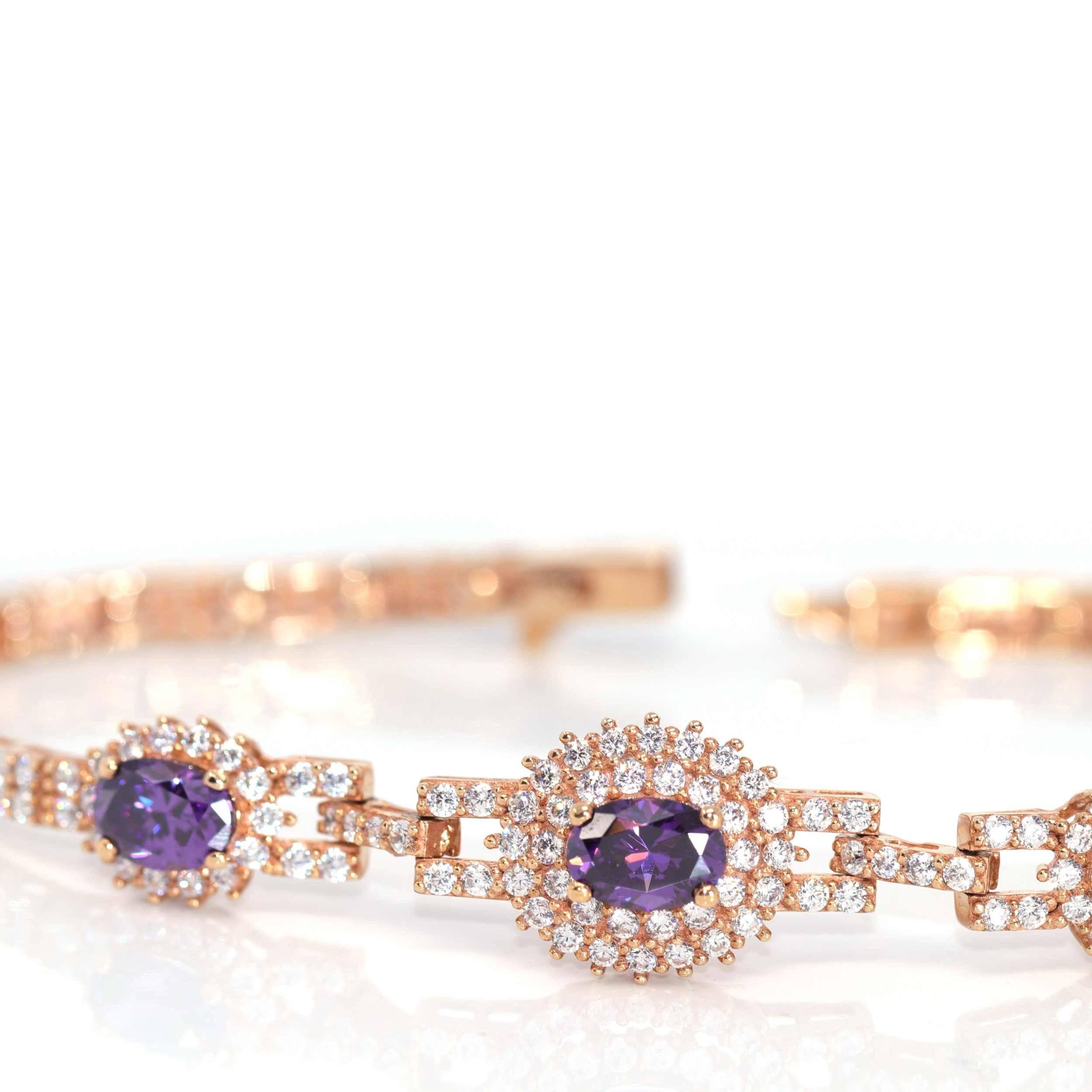 18k Rose Gold Natural Amethyst Bracelet with CZ In New Condition For Sale In Portland, OR
