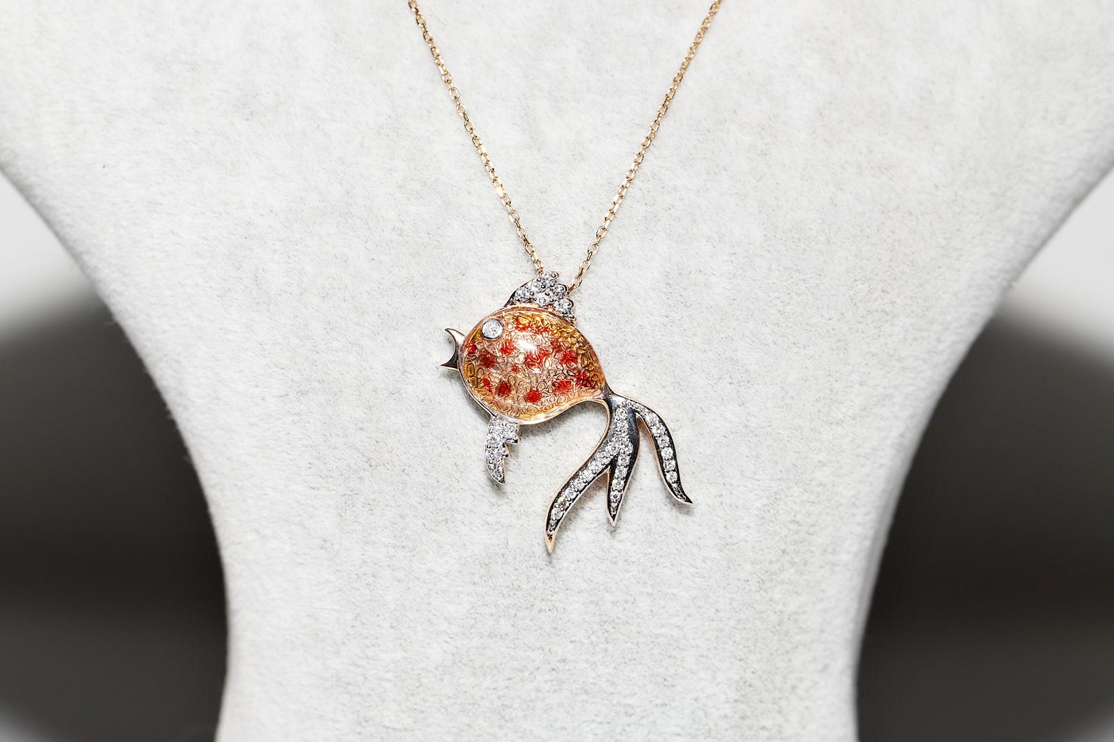 Modern 18k Rose Gold Natural Diamond And Enamel Decorated Fish Pendant  Necklace For Sale
