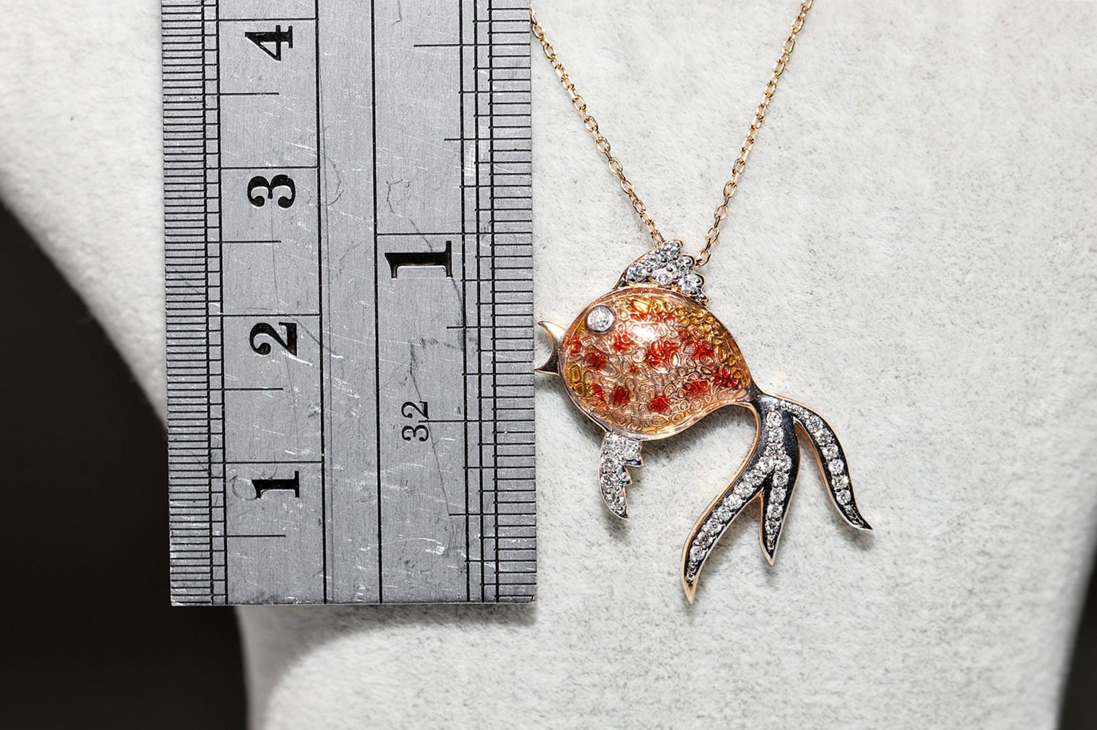 Brilliant Cut 18k Rose Gold Natural Diamond And Enamel Decorated Fish Pendant  Necklace For Sale
