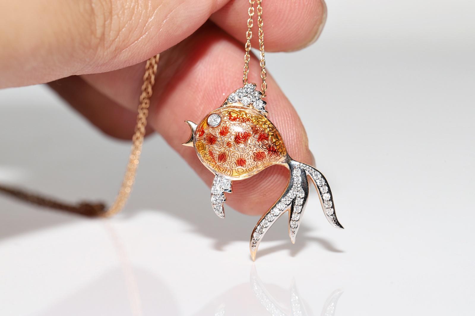 Women's 18k Rose Gold Natural Diamond And Enamel Decorated Fish Pendant  Necklace For Sale
