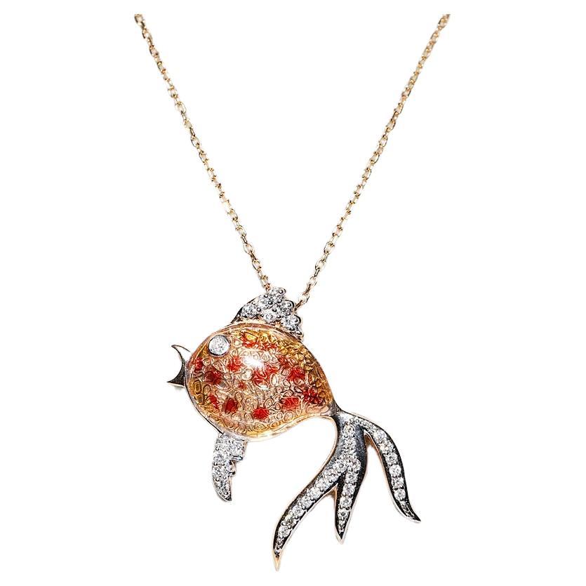 18k Rose Gold Natural Diamond And Enamel Decorated Fish Pendant  Necklace