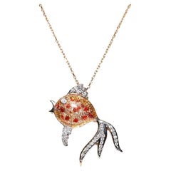 18 Karat Roségold Natürlicher Diamant und Emaille Dekorierter Fisch-Anhänger mit Fischmotiv  Halskette